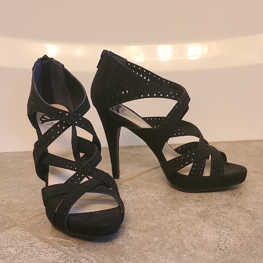 Fergalicious Black Nubuck-like Strappy Sandal Heels. 8, Worn Once